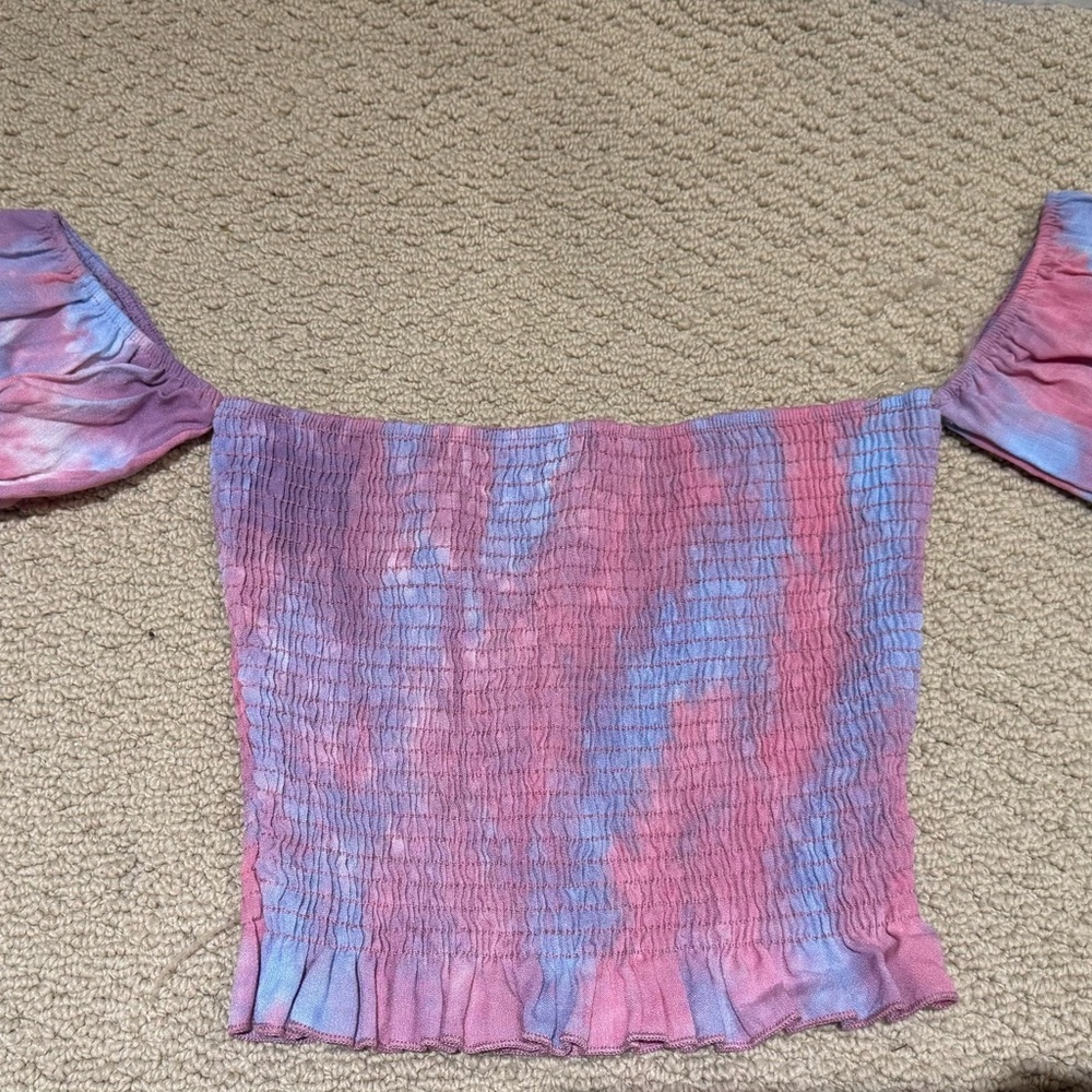 Blue Blush Smocked Ruffled Pink and Blue Blouse